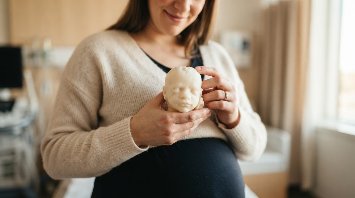 Mãe segurando a impressão 3D do bebê